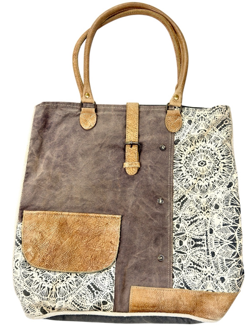 Myra Bag Leather Canvas Shoulder Bag Olive Brown Cream Green Boho Western Tote